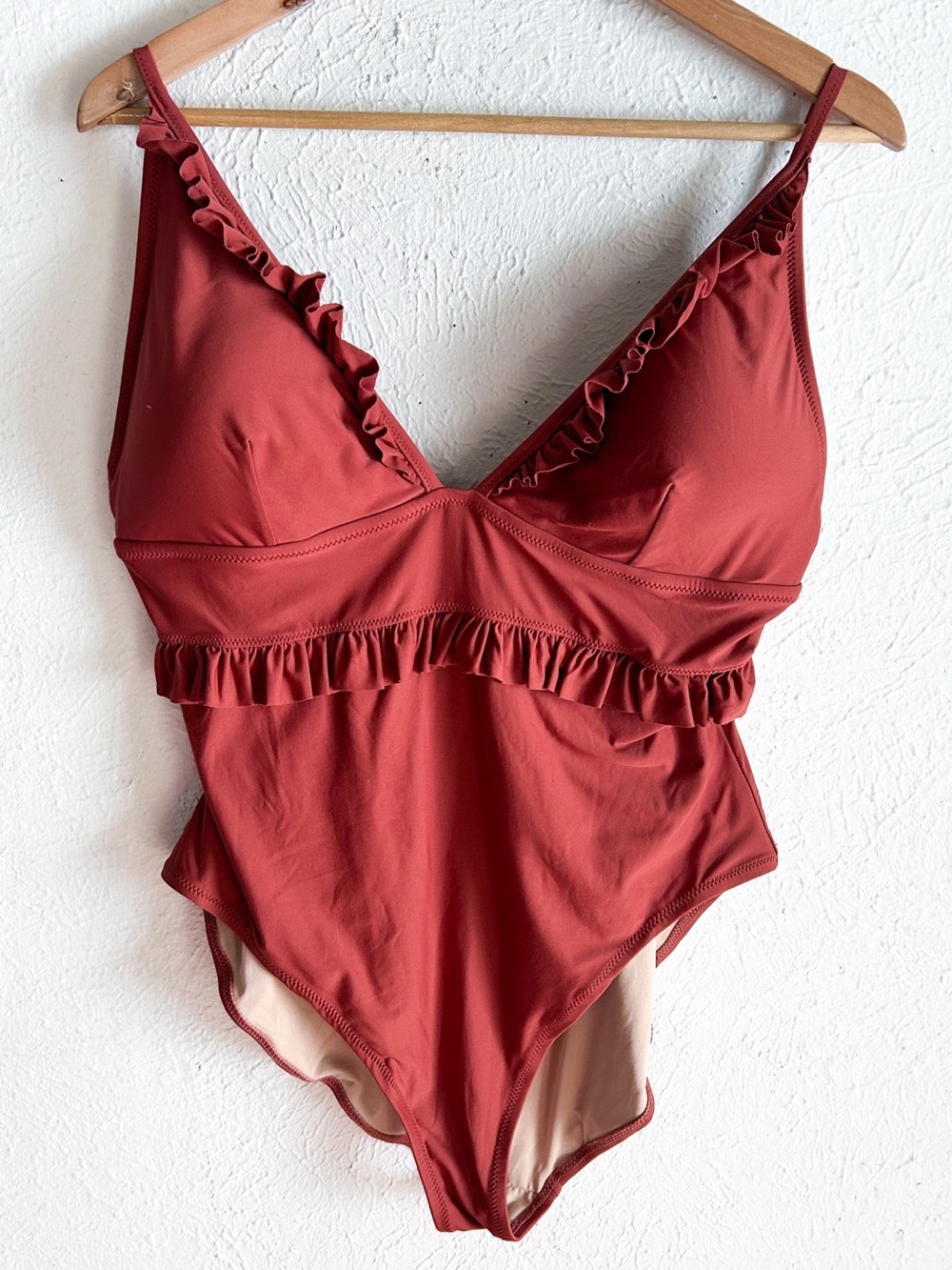 J.Crew Ruffle Trim Deep V One-Piece Swimsuit Dusty Rose Terracotta Size 16